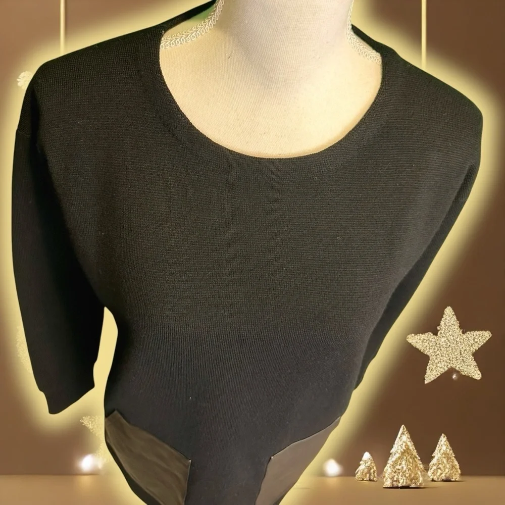 NWOT J. Crew Black ‘100% Merino Wool & Genuine Leather Pocket Sweater’ Size XS